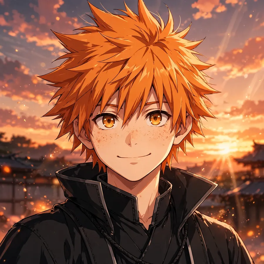 Ichigo profile pic: original smiling Soul Reaper at sunset with warm lighting