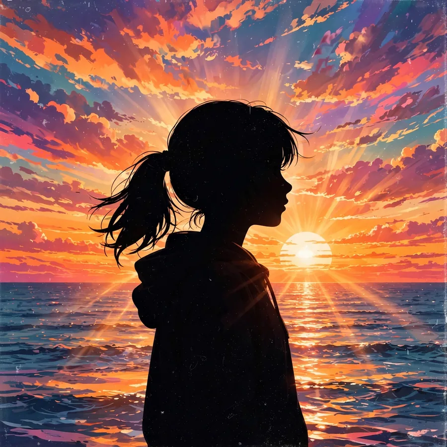 Aesthetic profile pictures for instagram: girl silhouette watching ocean sunset with soft grain