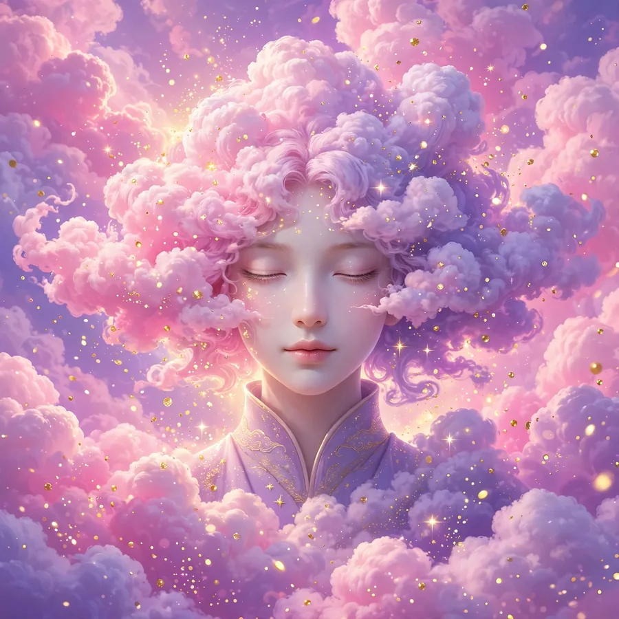 Instagram pfp aesthetic: pastel pink and lavender clouds with floating gold sparkles