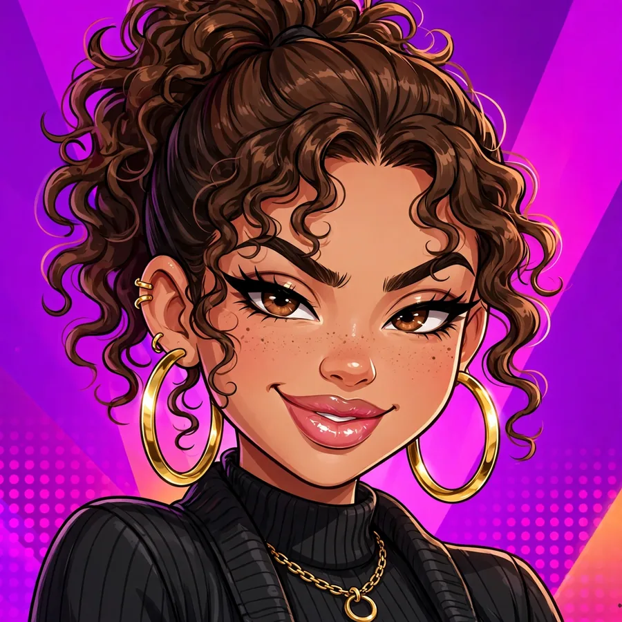 Instagram baddie pfp: glam cartoon girl with big gold hoop earrings and glossy lips