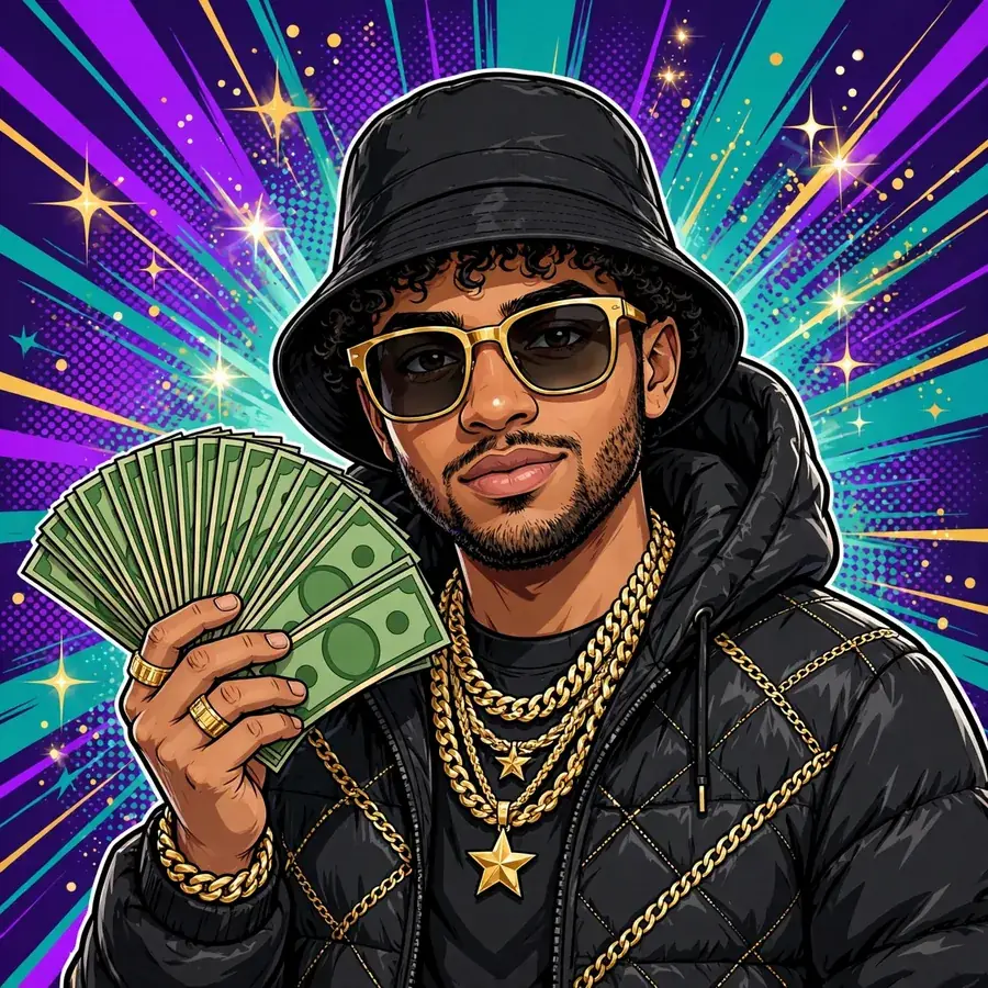 Hood instagram money pfp: stylish hip-hop character with gold chains and cash