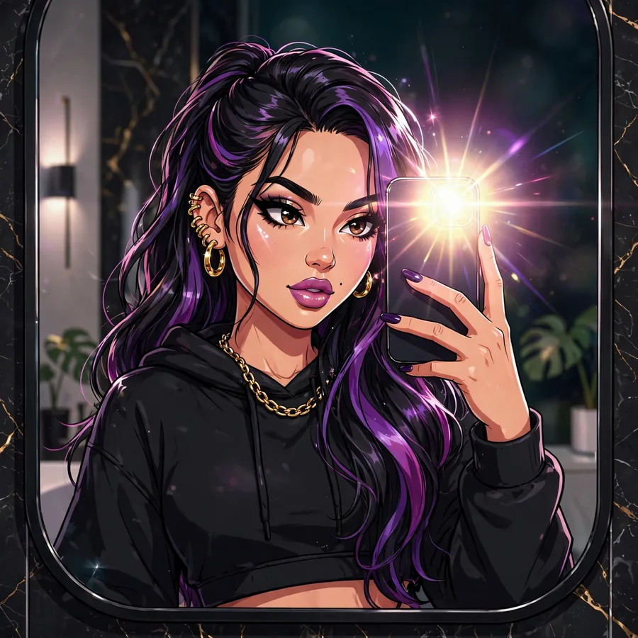 Instagram baddie pfp aesthetic: cartoon girl taking a mirror selfie with flash glow