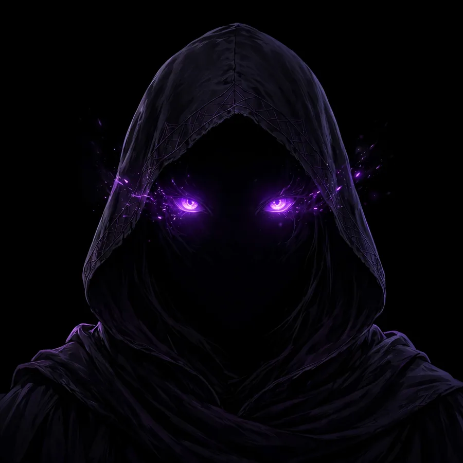 Black pfp for instagram: mysterious hooded silhouette with glowing violet eyes on black