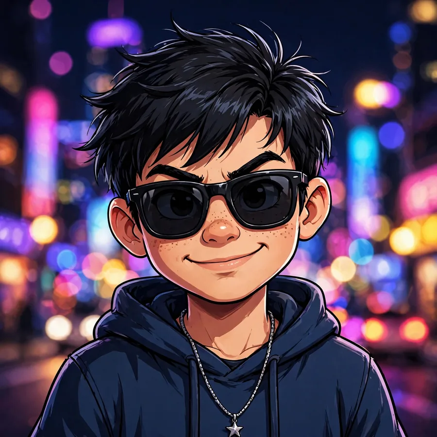 Cool pfp for instagram: confident cartoon boy with black sunglasses and city night bokeh