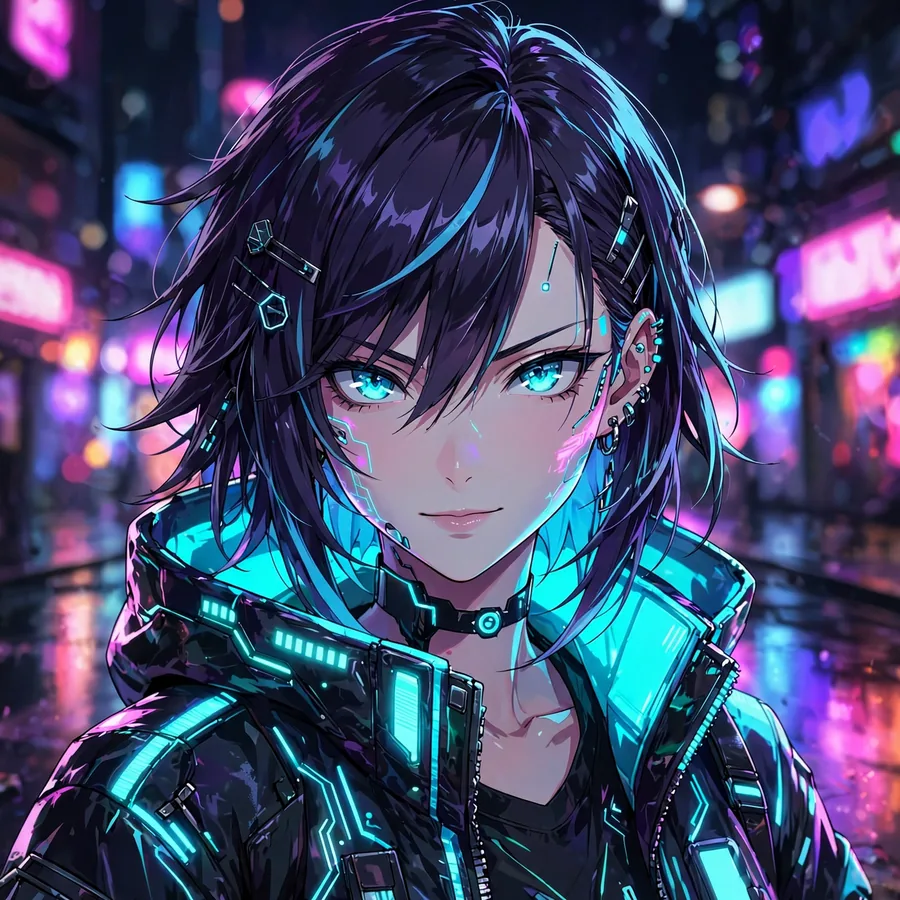 Cool instagram pfp: cyberpunk anime girl with glowing cyan jacket and neon reflections