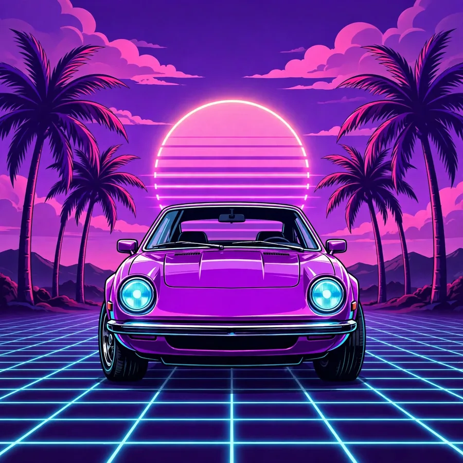 Aesthetic cool instagram pfp: retro vintage car with palm trees at purple dusk