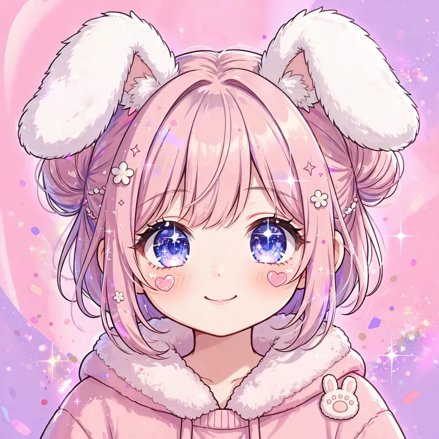 Cute insta pfp: kawaii anime girl with fluffy bunny ears and pink blush stickers