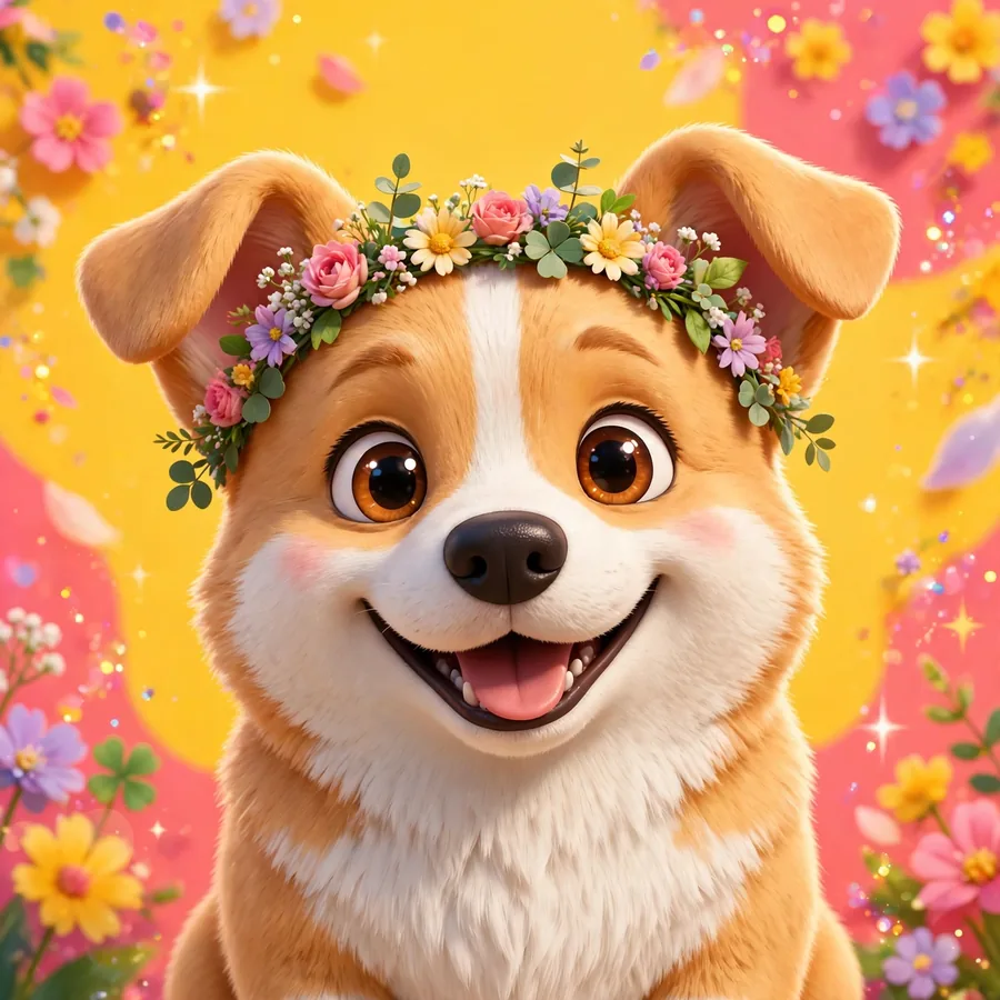 Cute instagram pfp: smiling corgi puppy wearing a tiny flower crown