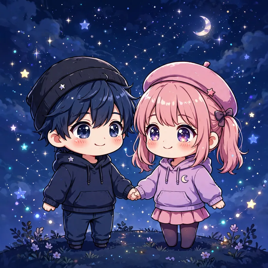 Cute pfp for instagram: chibi couple holding hands under a starry night sky