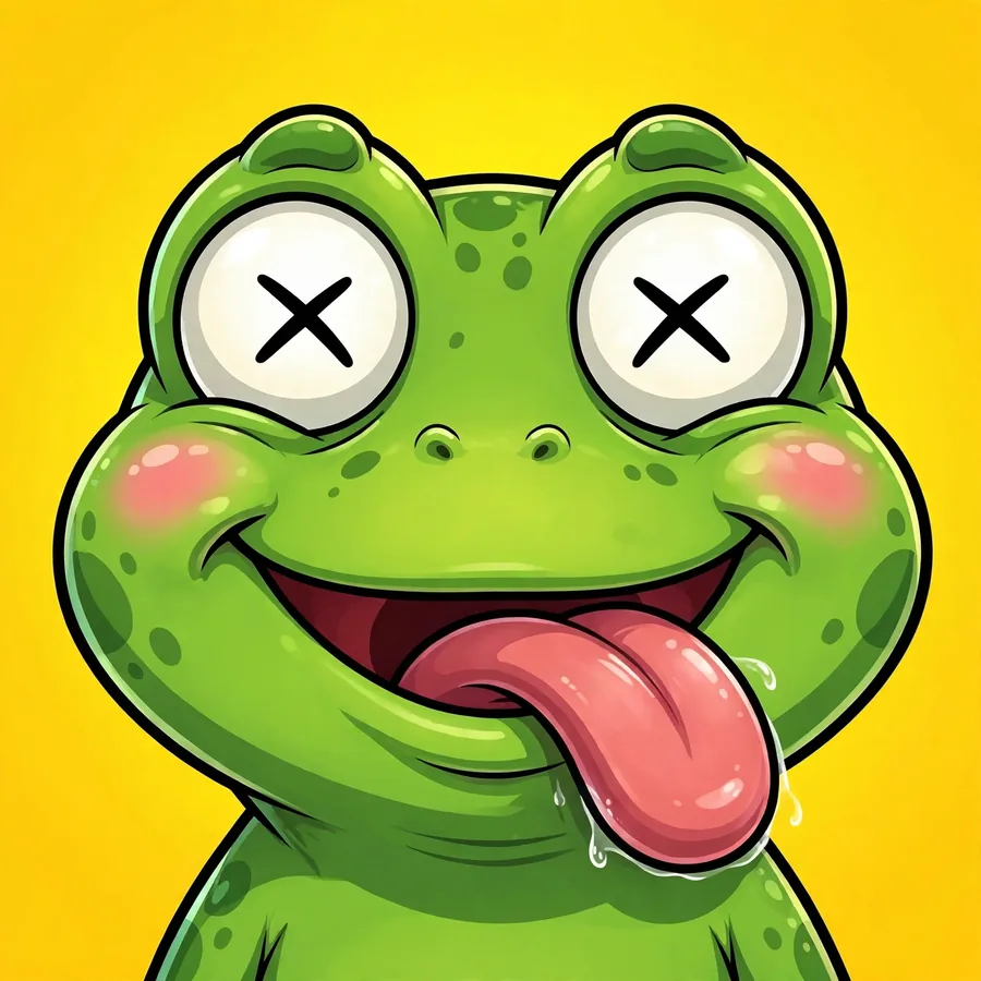 Funny insta pfp: derpy green frog with tongue out and crossed eyes