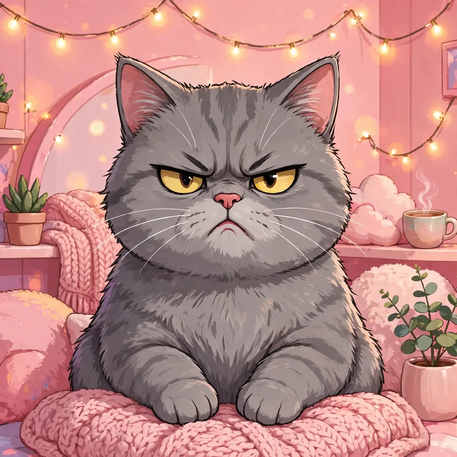 Aesthetic funny cat dp for instagram: grumpy grey cat in a pastel pink room