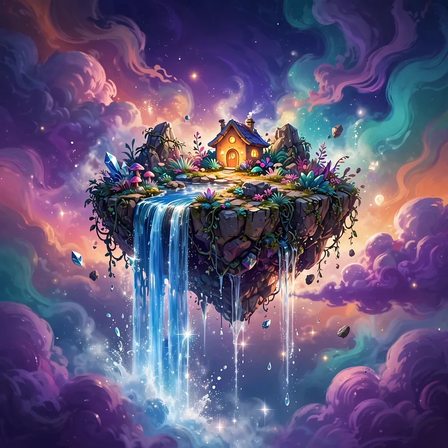 Weird pfp for instagram: surreal tiny floating island with a small house in the sky