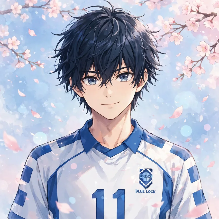 Aesthetic Isagi pfp: original pastel blue blossoms portrait
