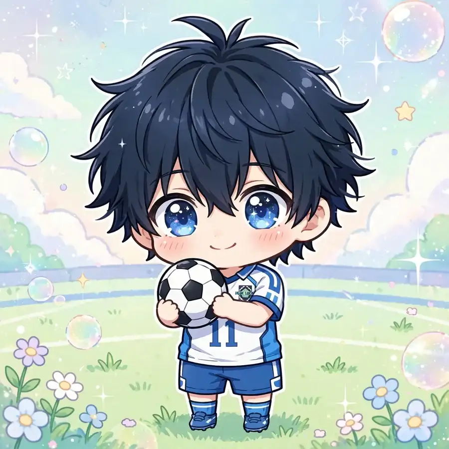 Chibi Isagi pfp: original tiny Isagi hugging a soccer ball
