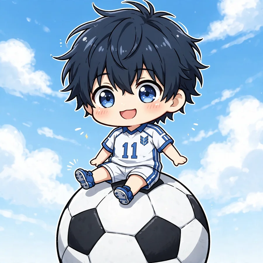 Chibi Isagi pfps: original tiny Isagi sitting on a giant ball