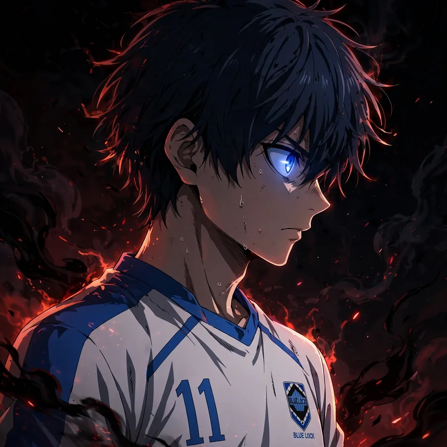 Isagi dark pfp: original glowing eyes close-up, pitch black