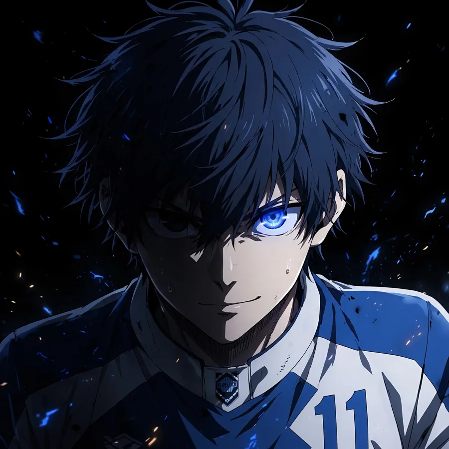 Isagi pfp ego: original glowing eyes close-up in darkness