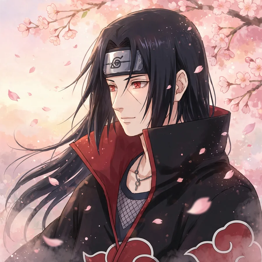 Aesthetic Itachi pfp: original Uchiha among cherry blossoms, soft light