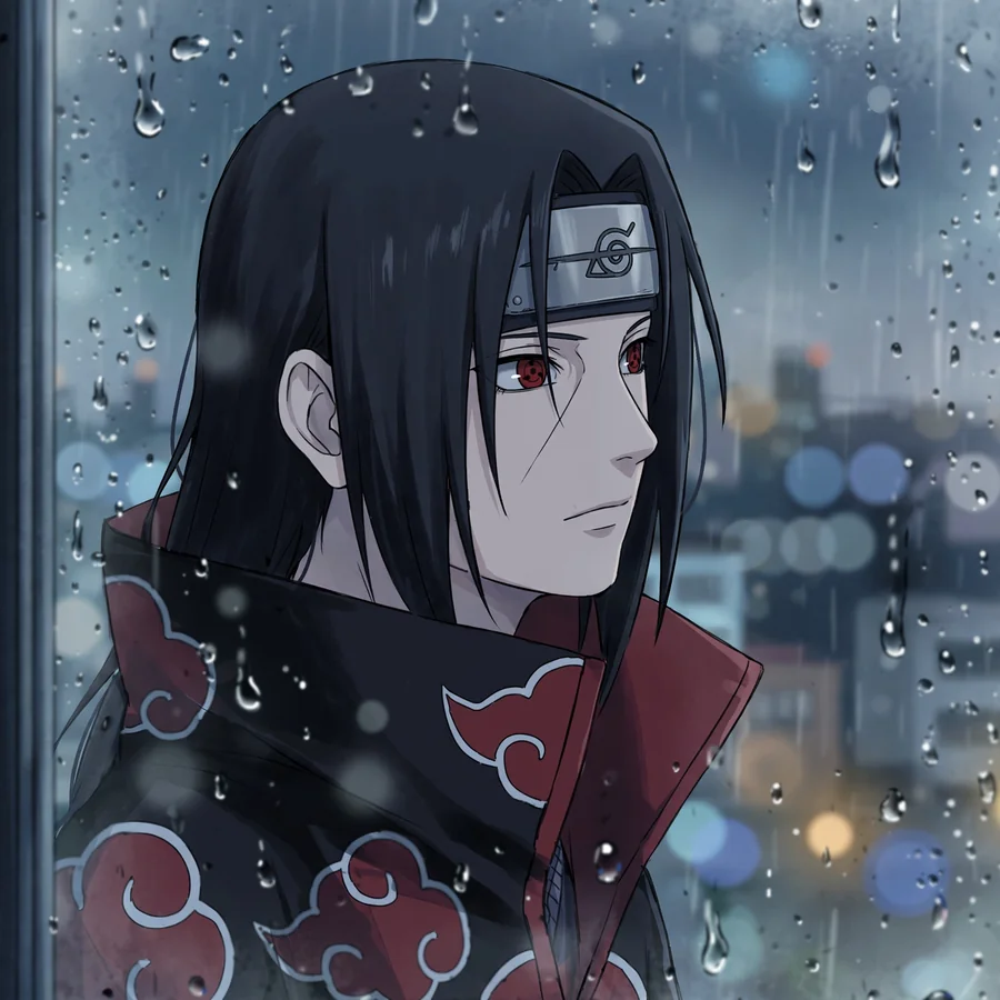 Aesthetic Itachi pfps: original Uchiha in rain with bokeh lights