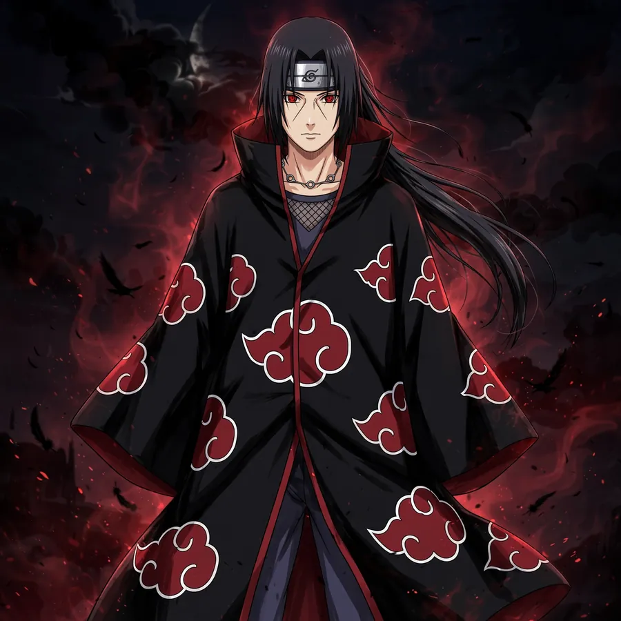 Itachi Akatsuki pfp: original Uchiha in full Akatsuki cloak with red clouds