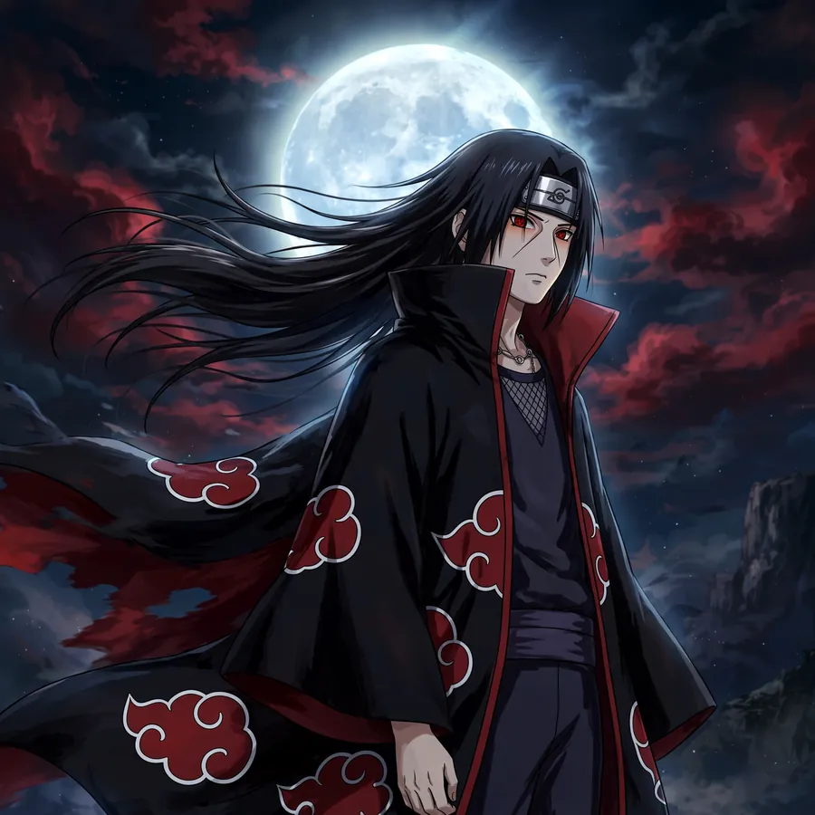 Akatsuki Itachi pfp: original portrait at night with cloak collar up
