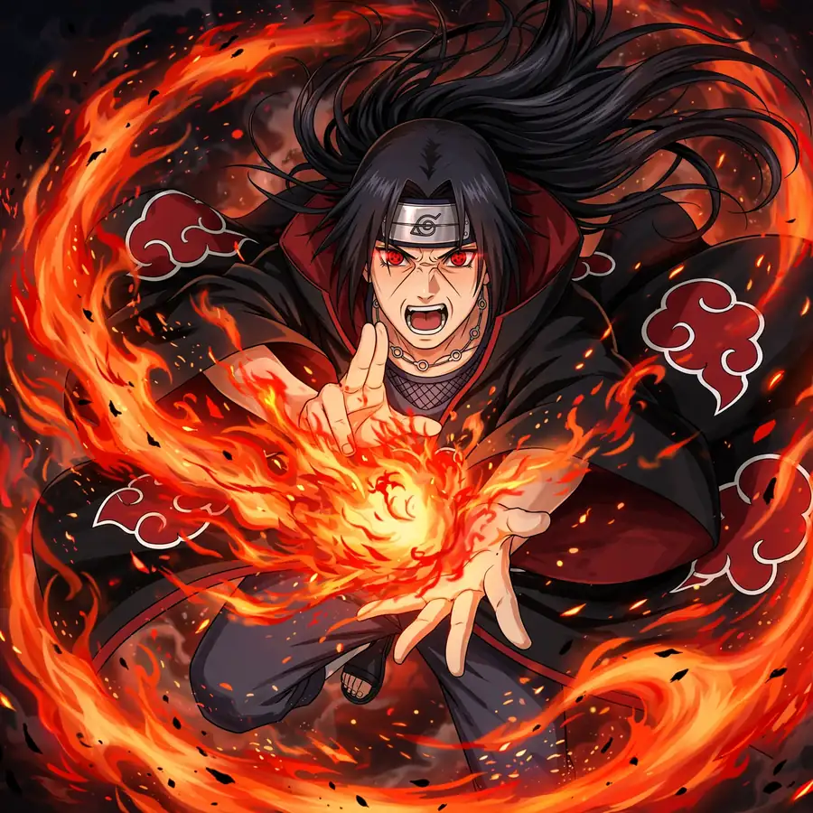 Anime Itachi pfp: original Uchiha using fire jutsu, flames swirling