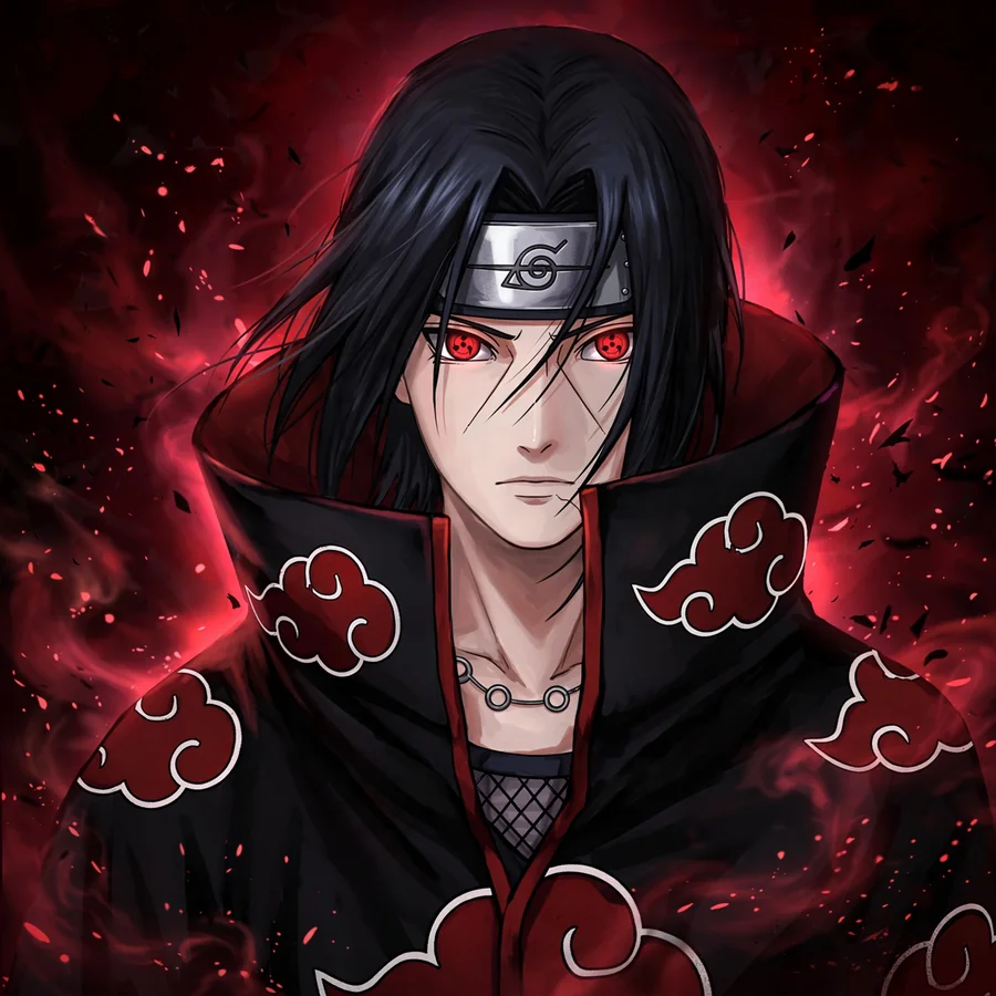 Itachi pfp: original Akatsuki cloak portrait with red clouds