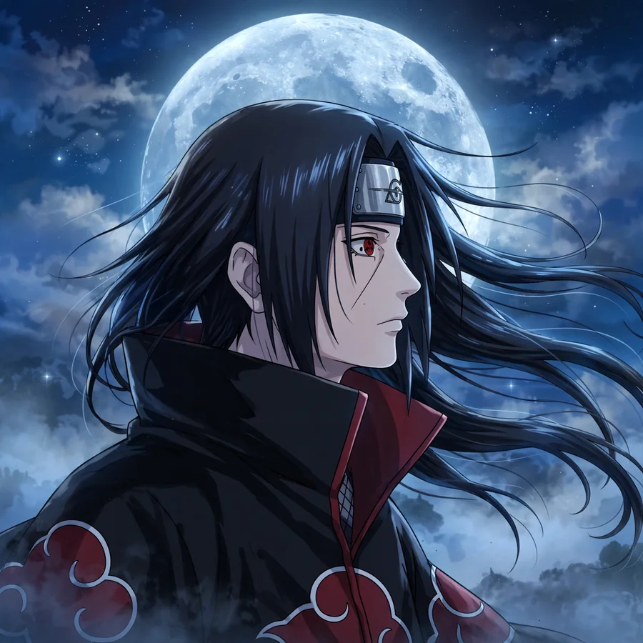 Classic Itachi pfps: original Uchiha with Sharingan activated, dark background