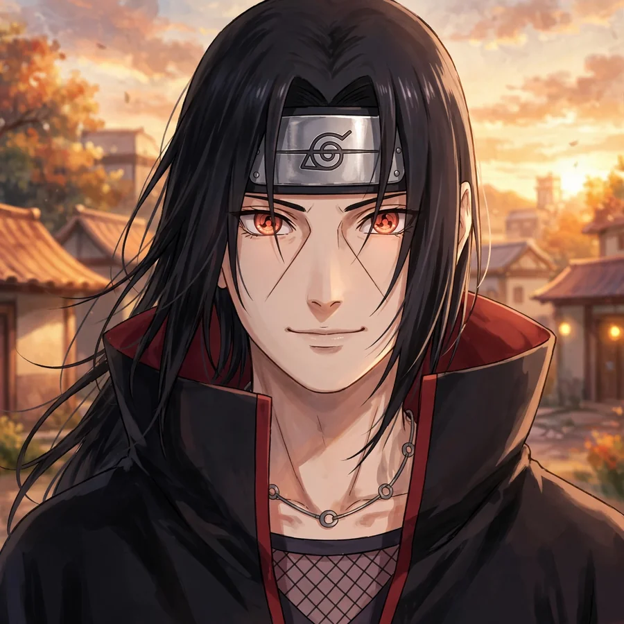 Itachi pfp: original close-up portrait with long hair flowing