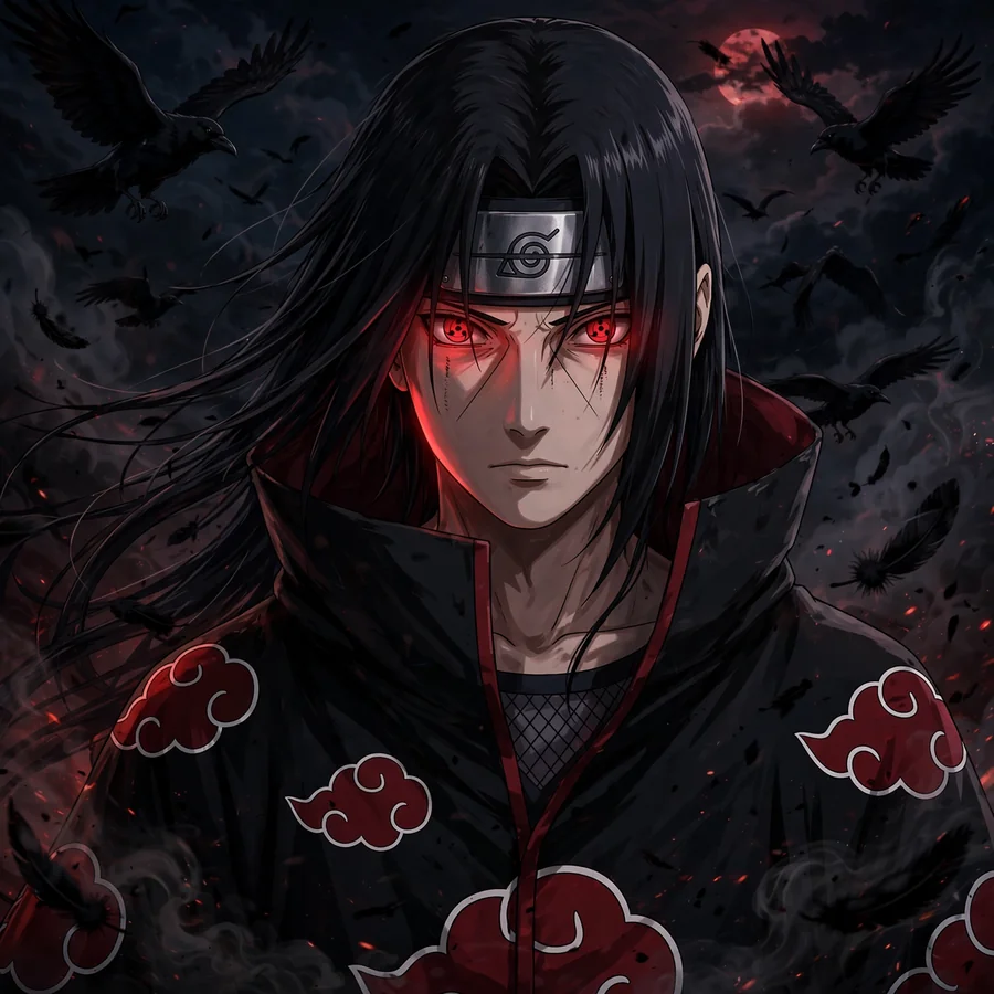 Dark Itachi pfp: original Uchiha silhouette among scattering crows