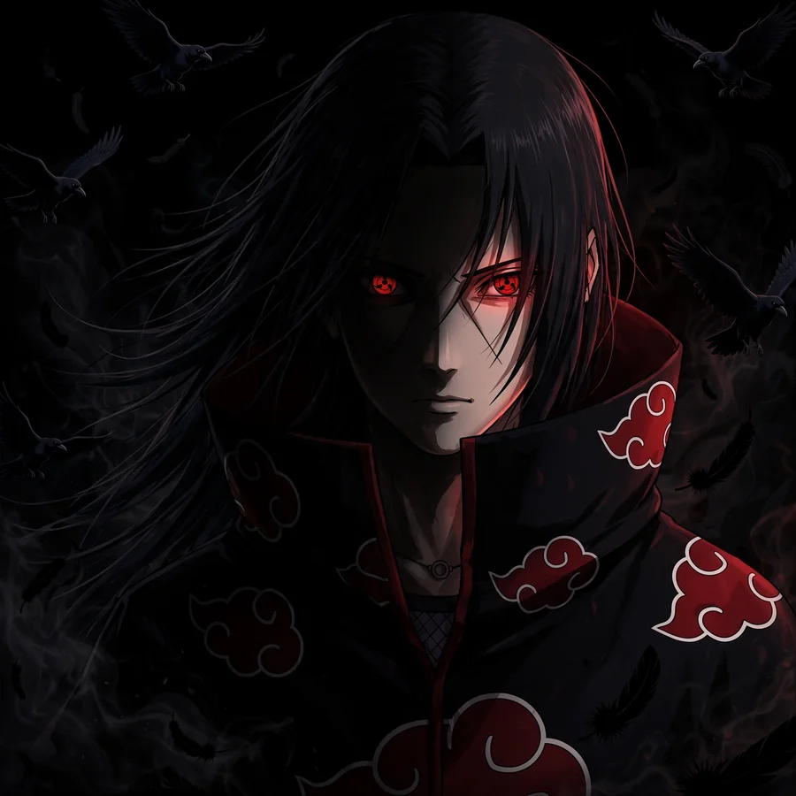 Itachi pfp dark: original portrait in deep shadows with red moon
