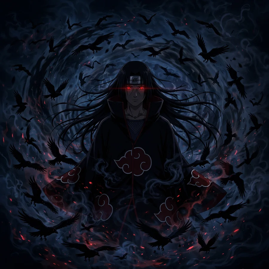 Dark Itachi pfps: original menacing Sharingan glow in pitch black