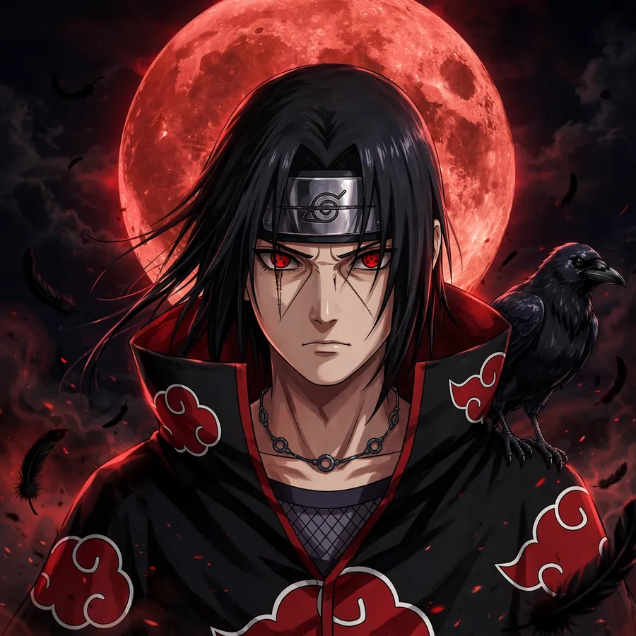 Itachi dark pfp: original Uchiha with crow feathers falling
