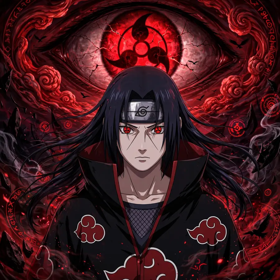 Dark pfp Itachi: original hooded figure with glowing red eyes