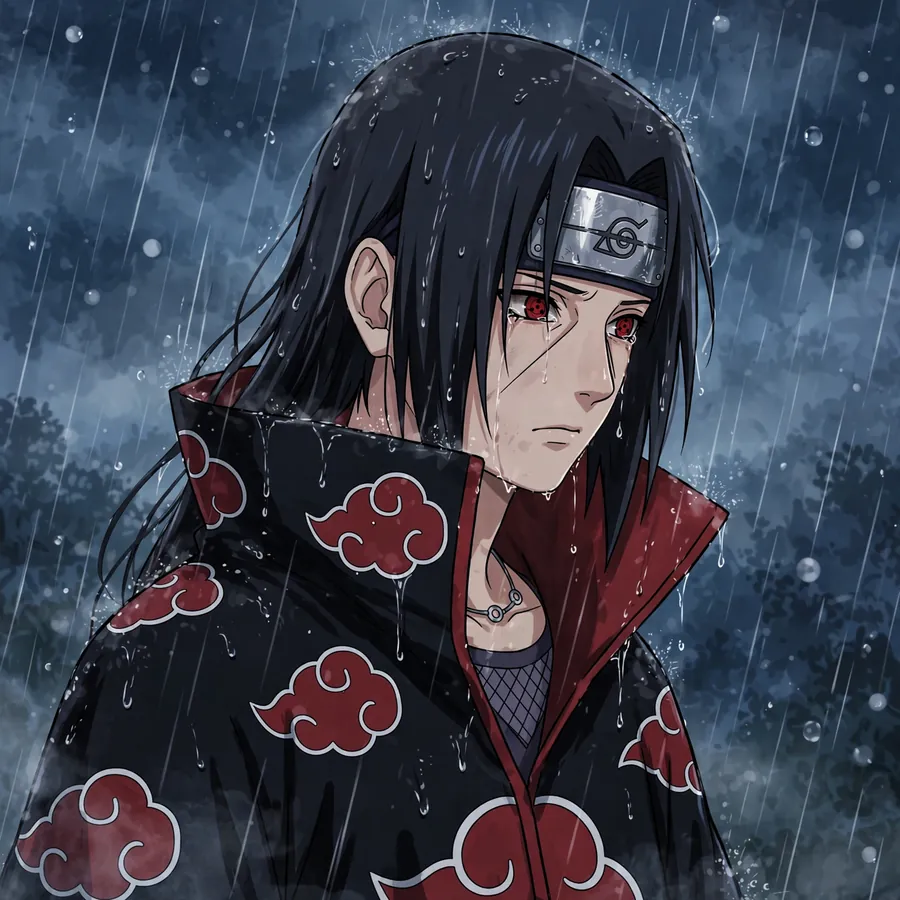 Sad Itachi pfp: original Uchiha in rain, melancholic expression