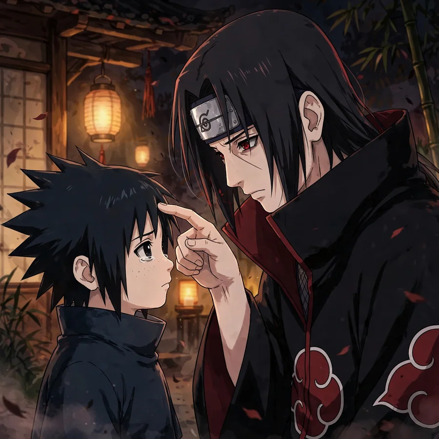 Itachi sad pfp: original Uchiha with tears of rain, battlefield behind