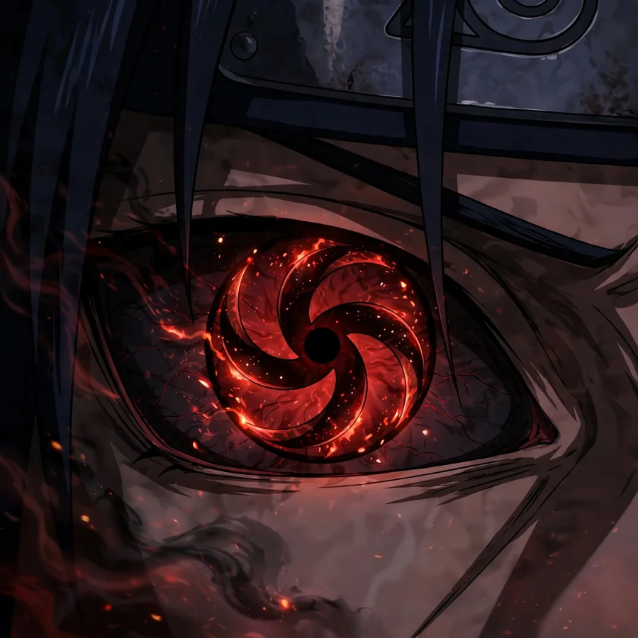 Sharingan Itachi pfp: original Mangekyo Sharingan pattern close-up