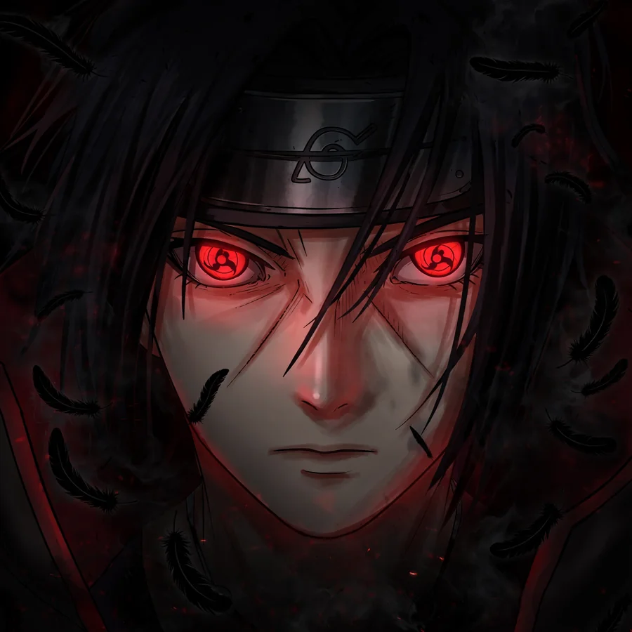 Itachi pfp Sharingan: original dual Sharingan eyes glowing in darkness