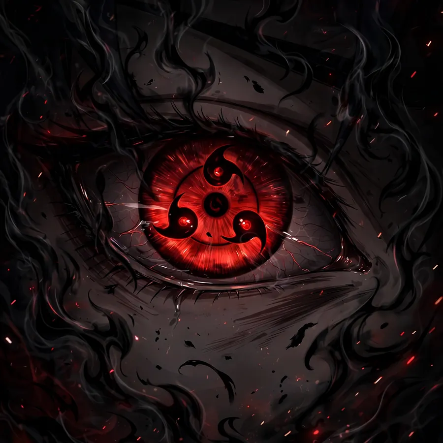 Itachi Sharingan pfp: original eye with black ethereal flame wisps