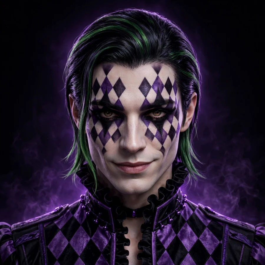 Joker pfp aesthetic: original harlequin diamond face paint in purple smoke