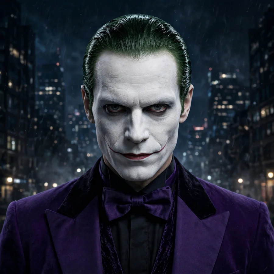 Classic Joker pfp: original purple suit and bowtie portrait over a Gotham night