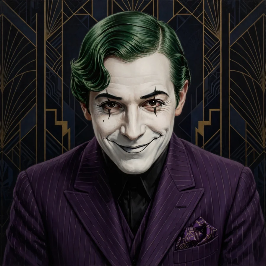 Joker pfp classic: original pinstripe suit sly smile in art deco style