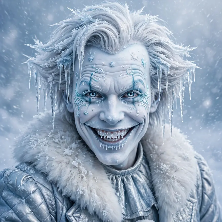 Joker pfp dark: original frost joker with icicle hair and frozen grin