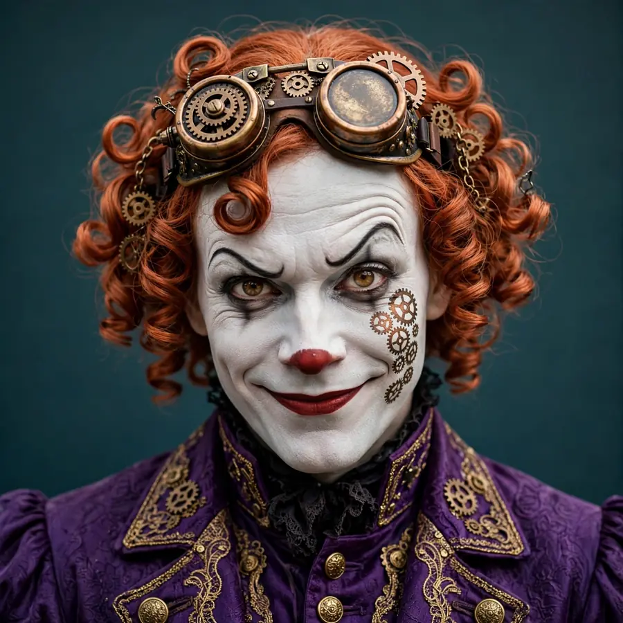 Joker pfp fantasy: original steampunk clown with brass goggles