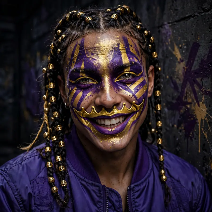 Laughing Joker pfps: original gold and purple paint smile with braids
