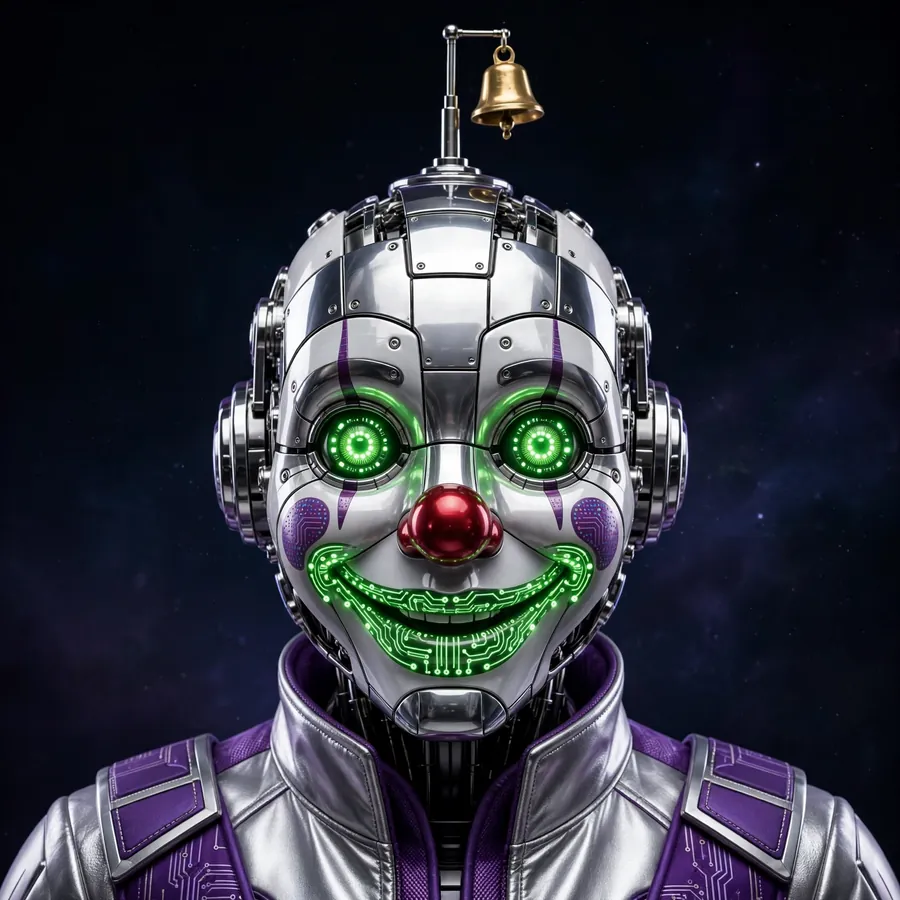 Joker pfp neon: original robot clown with glowing green eyes