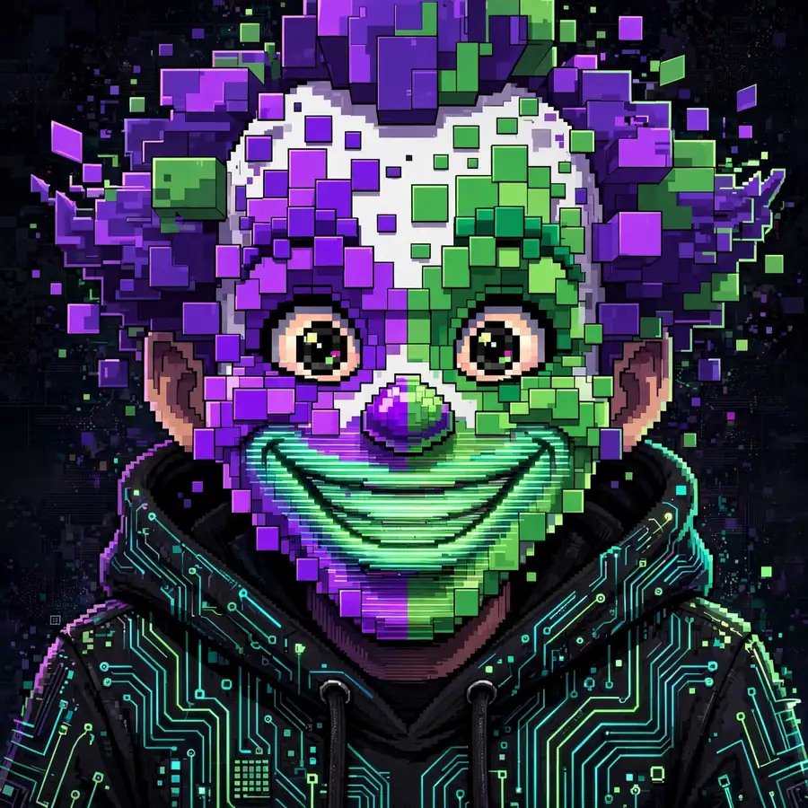 Neon Joker pfps: original pixel glitch joker in purple and green