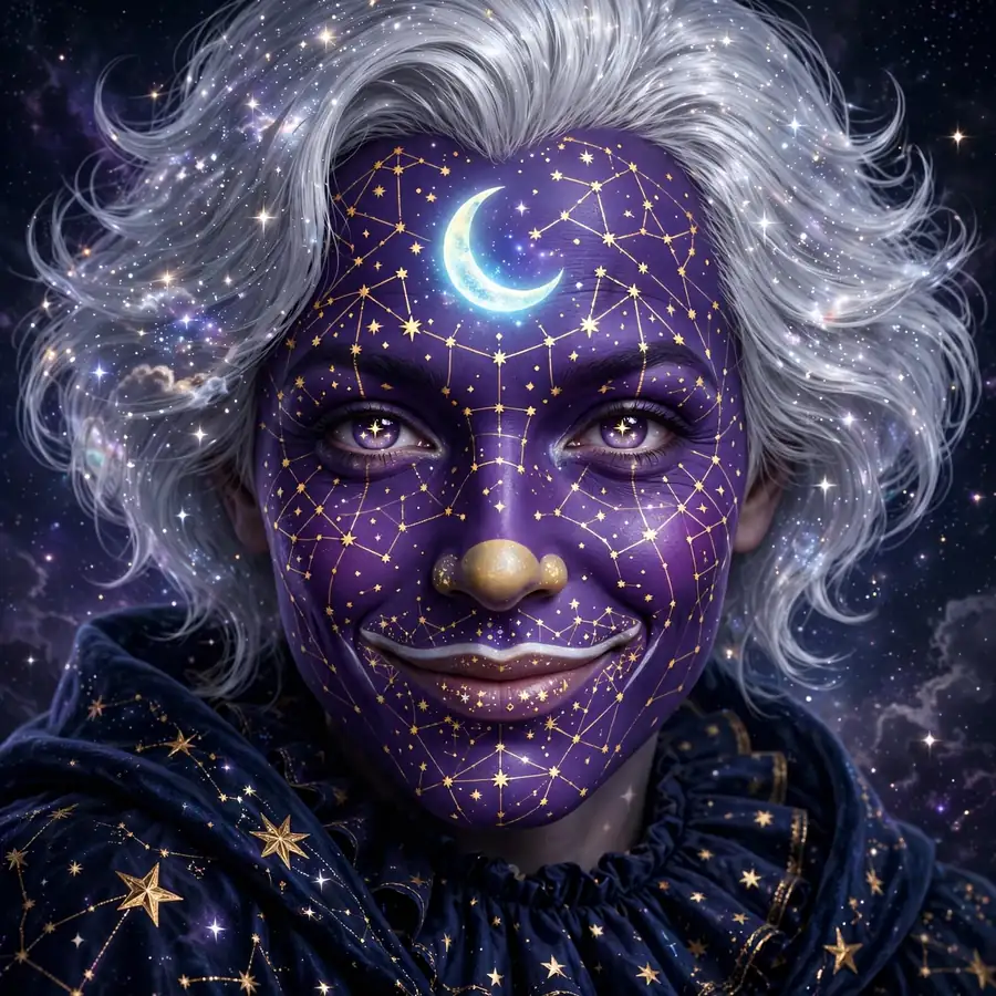 Joker neon pfp: original cosmic star map face paint with crescent moon