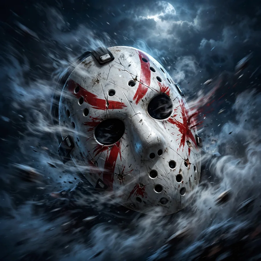 Jason Voorhees action pfp: original hockey mask tumbling through night air with motion blur