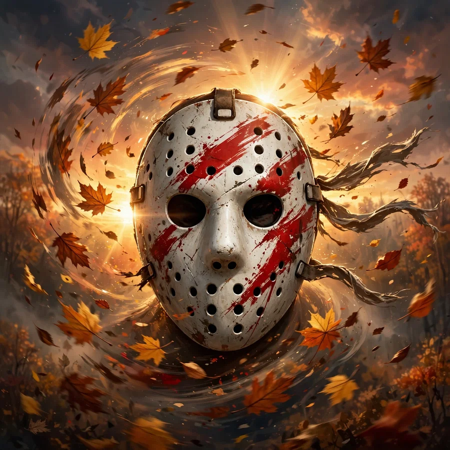 Jason pfp: original hockey mask caught in wind with swirling autumn leaves